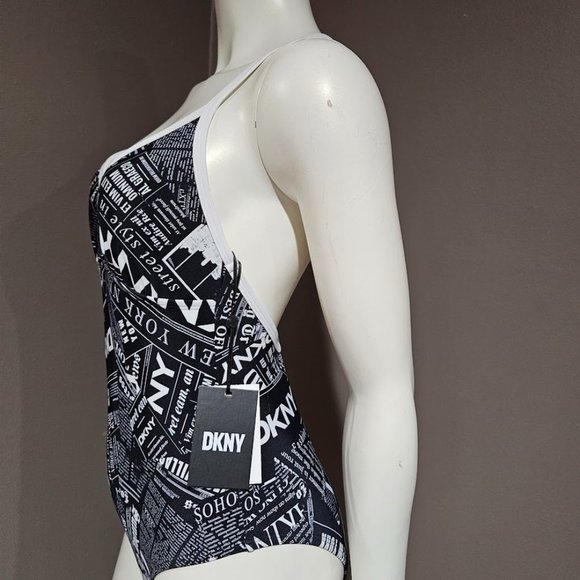 DKNY Graphic T-Back One-Piece Swimsuit Newsprint - Picture 3 of 10
